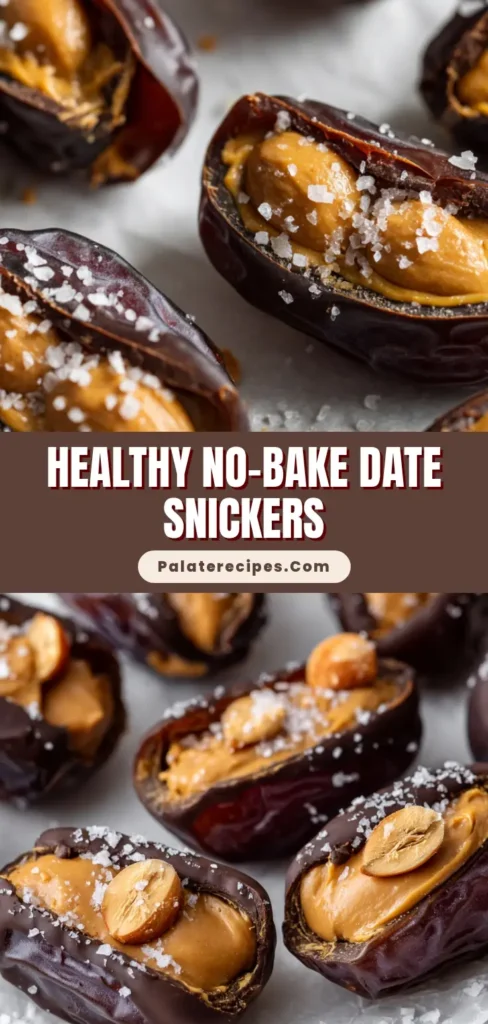 A close-up of several homemade Date Snickers on crinkled parchment paper. Each date is filled with peanut butter, coated in dark chocolate, and sprinkled with sea salt.