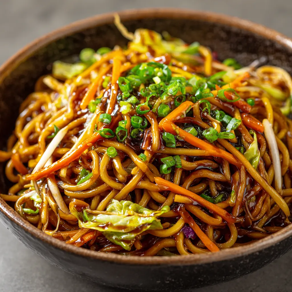 Easy Chow Mein Recipe: Get Takeout Flavor in 30 Minutes 3 A close-up shot of the finished easy chow mein recipe, showing the thick, glossy dark brown sauce coating every tangled noodle. (Easy Chow Mein Recipe)