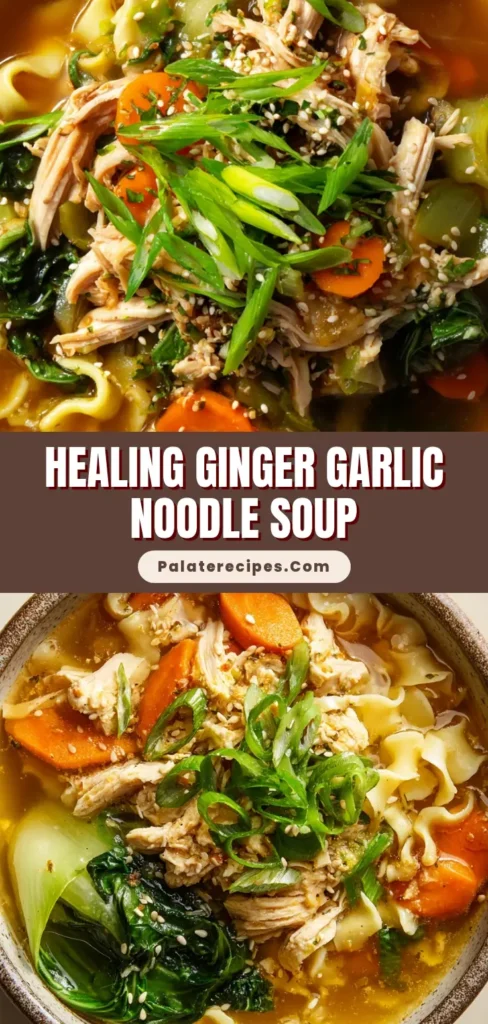 A close up top down shot of Ginger Garlic Chicken Noodle Soup in a deep speckled ceramic bowl showing golden broth, wavy noodles, torn chicken, carrots, and bok choy.