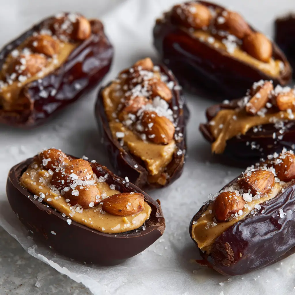 A collection of finished Date Snickers resting on a kitchen counter, with soft natural light highlighting the glossy chocolate and salt flakes.