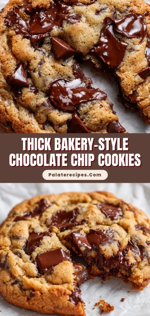 A thick, golden-brown bakery-style chocolate chip cookie broken in half to show a gooey interior with melted chocolate pools. (Bakery-Style Chocolate Chip Cookies)