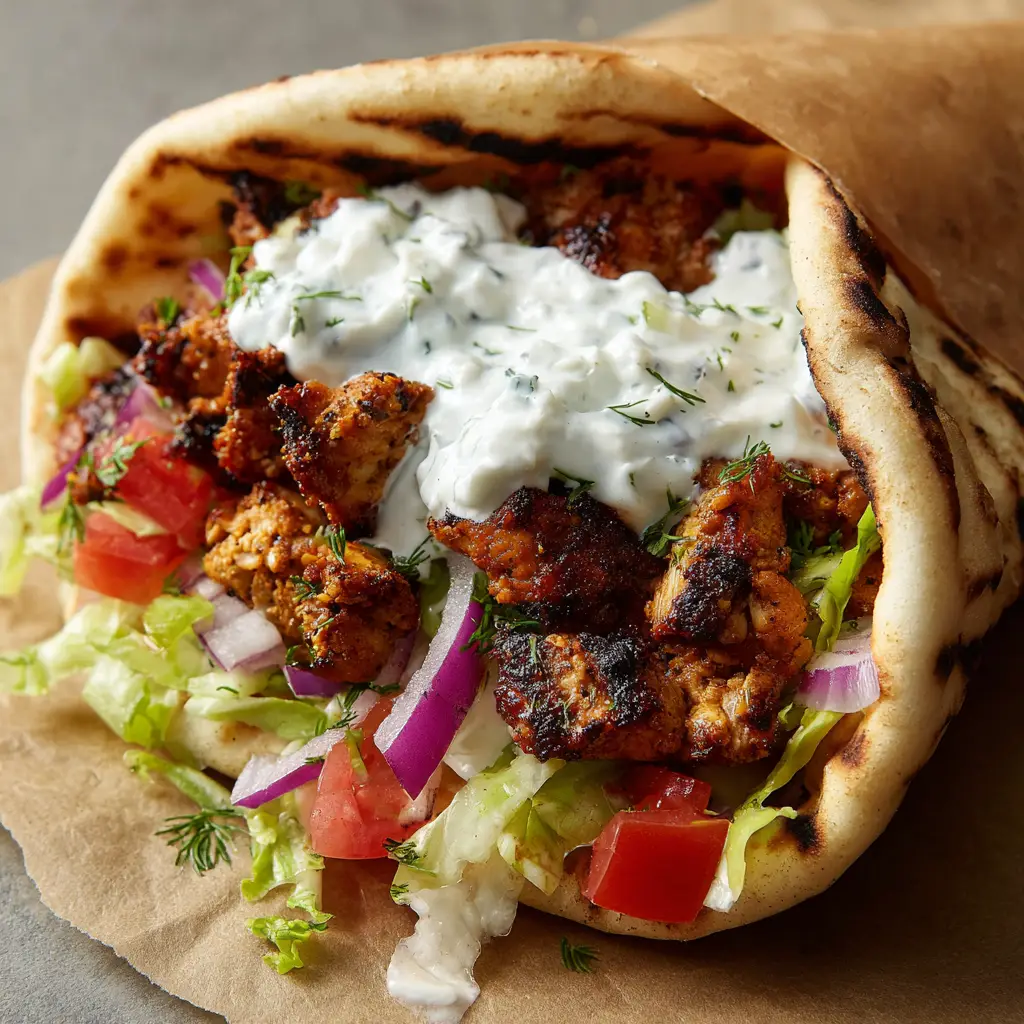 Authentic Greek Chicken Gyros: A Taste of the Mediterranean at Home 2 A side view of a Greek Chicken Gyro, showcasing the layers of ingredients including grilled chicken, fresh salad, and dill-flecked tzatziki sauce on parchment paper.