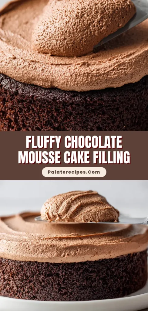 The Ultimate Chocolate Mousse Cake Filling Recipe 5 A thick, aerated chocolate mousse cake filling being spread on a moist chocolate sponge cake with an offset spatula. (Chocolate Mousse Cake Filling)