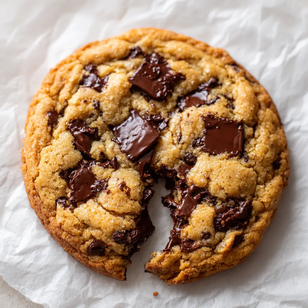 A side-profile view of a stack of bakery-style chocolate chip cookies, highlighting their thickness and rich chocolate chunks.